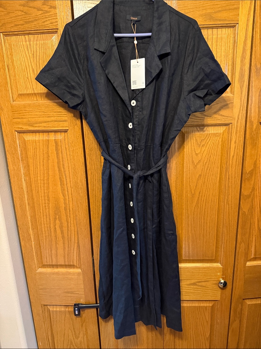 Quince Black Short-Sleeve Button Midi Dress with Tie Belt